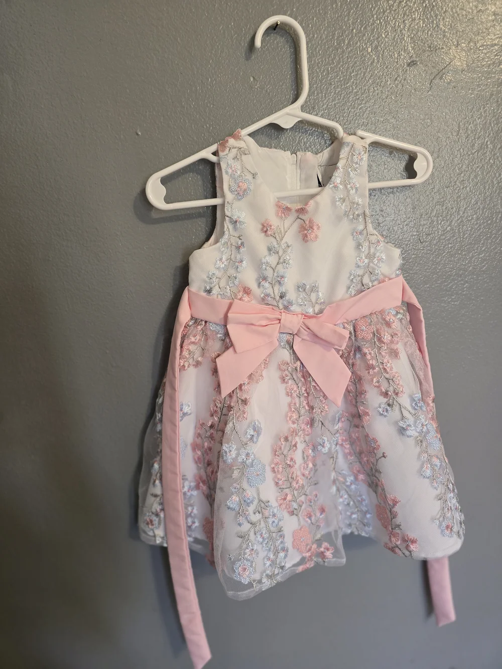 Rare Editions Pink and White Floral Embroidered Party Dress with Bow